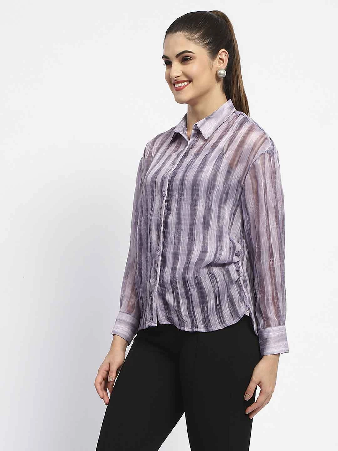 Madame Striped Collared Purple Shirt Tall Option Soft Material