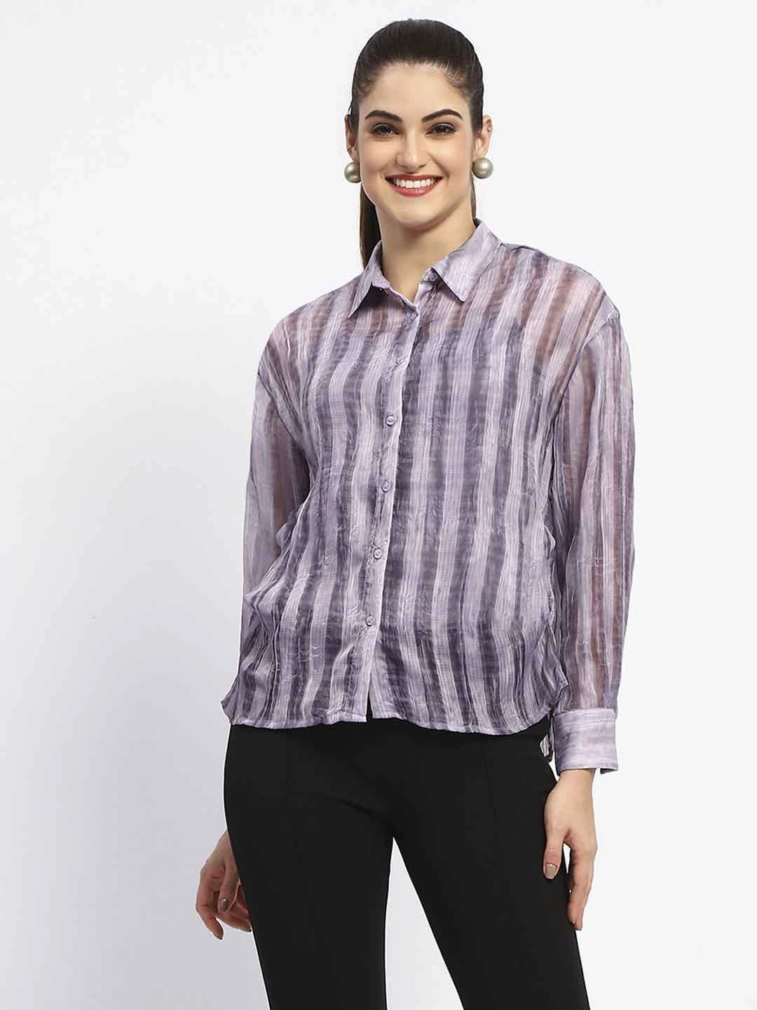 Multi Pocket Design Madame Striped Collared Purple Shirt