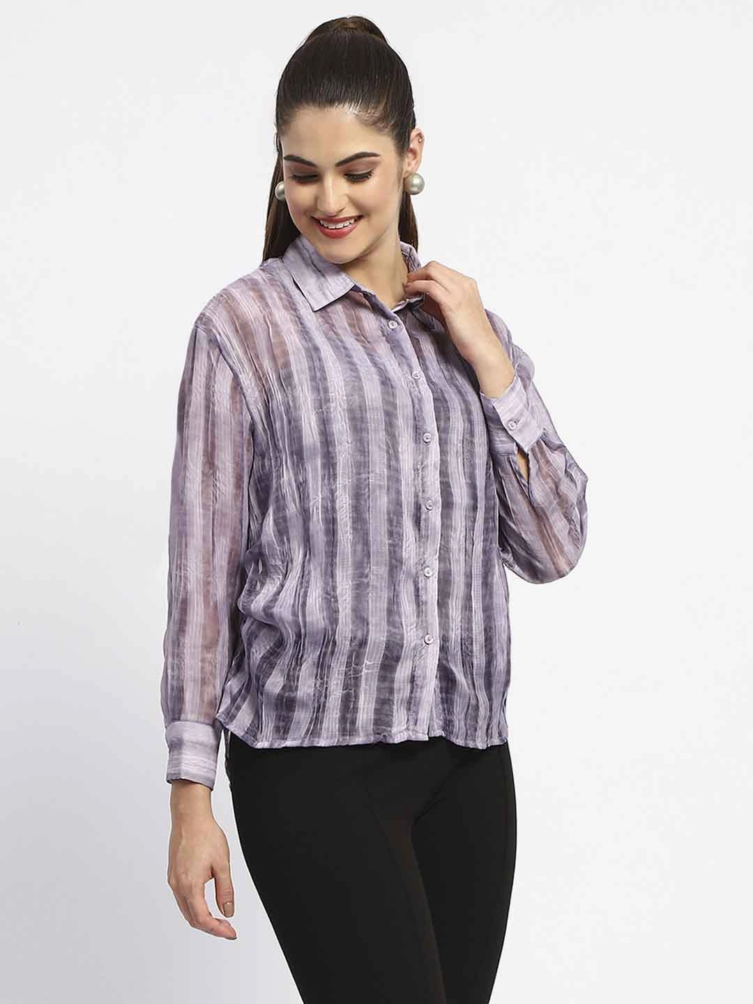 Madame Striped Collared Purple Shirt Tailored Fit Urban Comfort