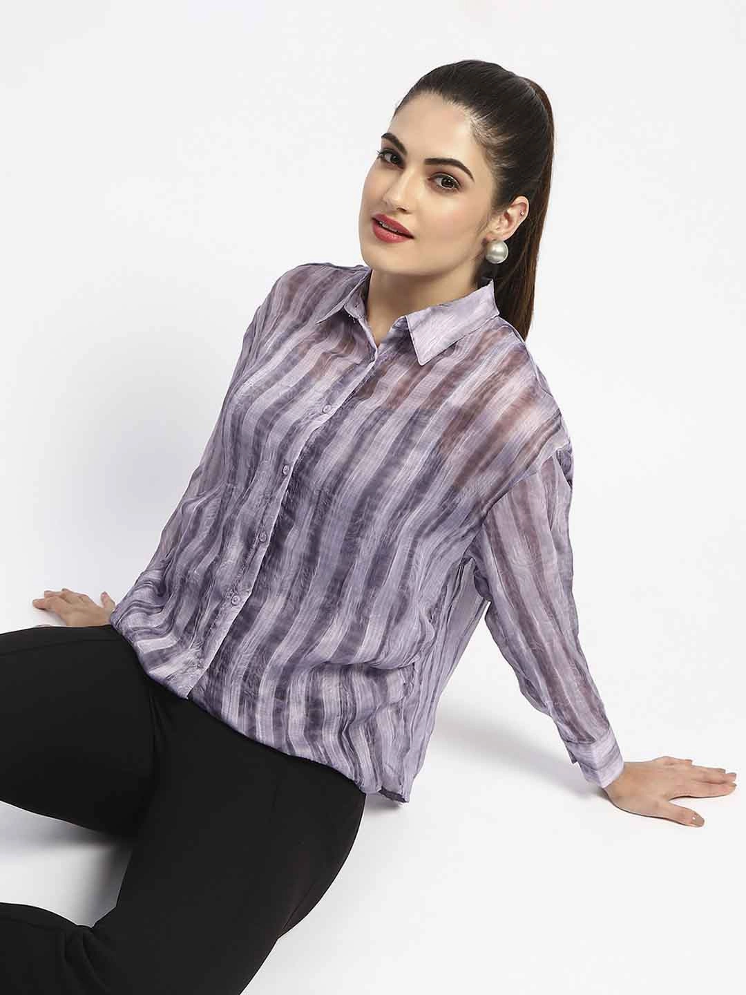 Fashionable Look Madame Striped Collared Purple Shirt