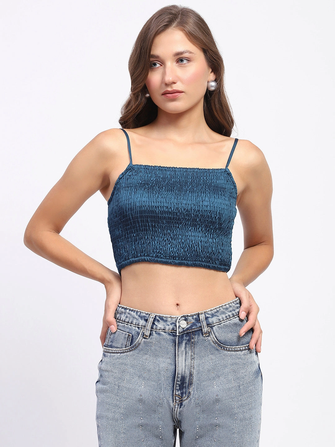 Madame Embellished Collar Front Tie Crop Shirt Linen blend