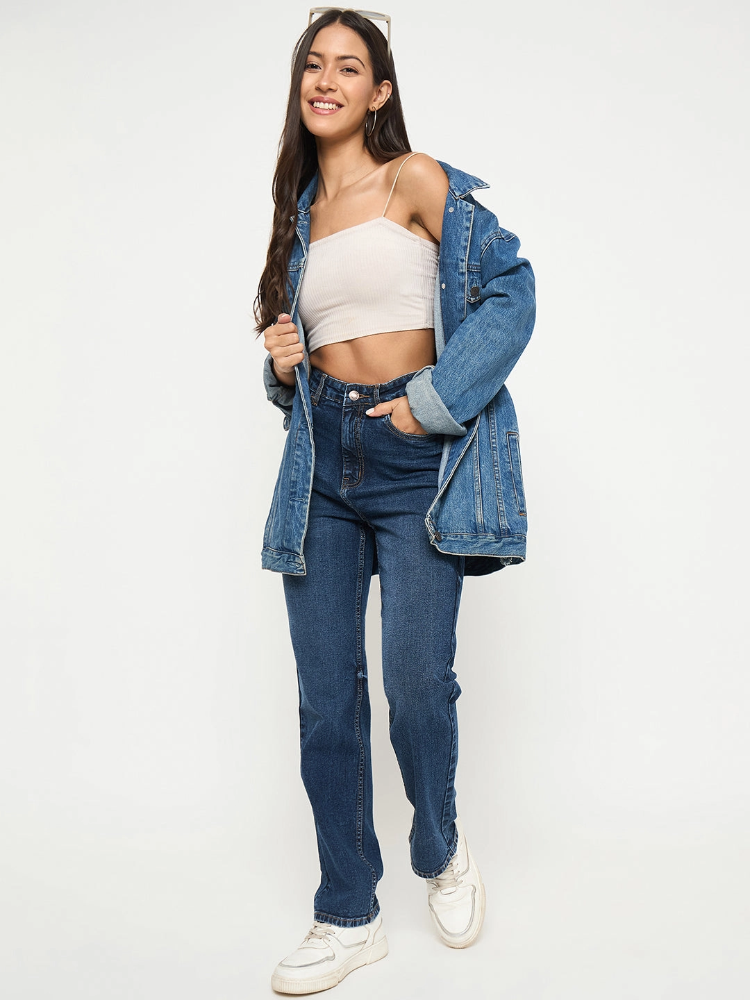 Flattering Style Madame Whiskered Dark Blue Cotton Blend Straight Jeans