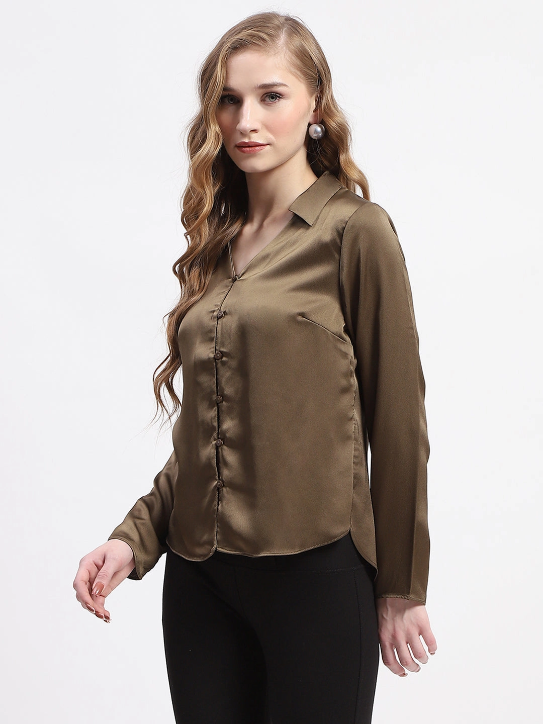 Madame Satin Bell Sleeve Collared Solid Olive Green Top Iconic look