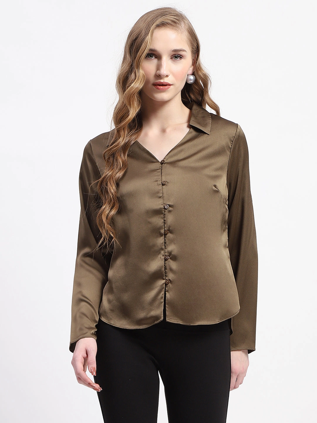 Fashion Statement Easy Fit Madame Satin Bell Sleeve Collared Solid Olive Green Top