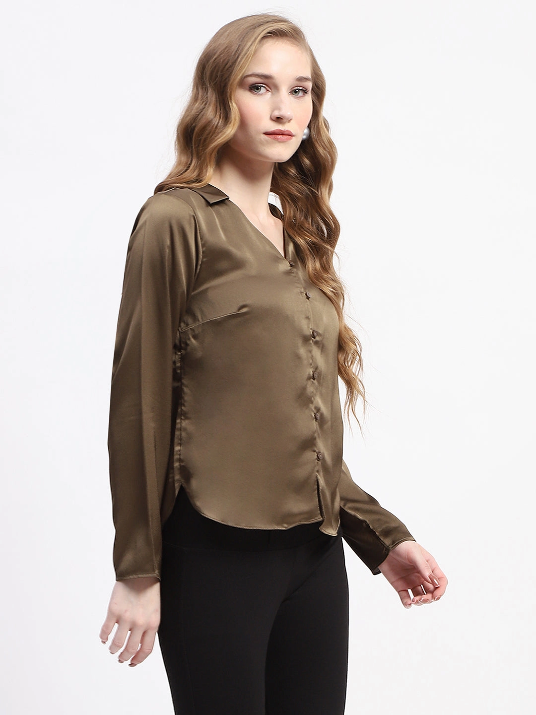 Madame Satin Bell Sleeve Collared Solid Olive Green Top All-day Comfort Graphic Art
