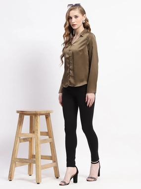 Madame Satin Bell Sleeve Collared Solid Olive Green Top Pure Cotton