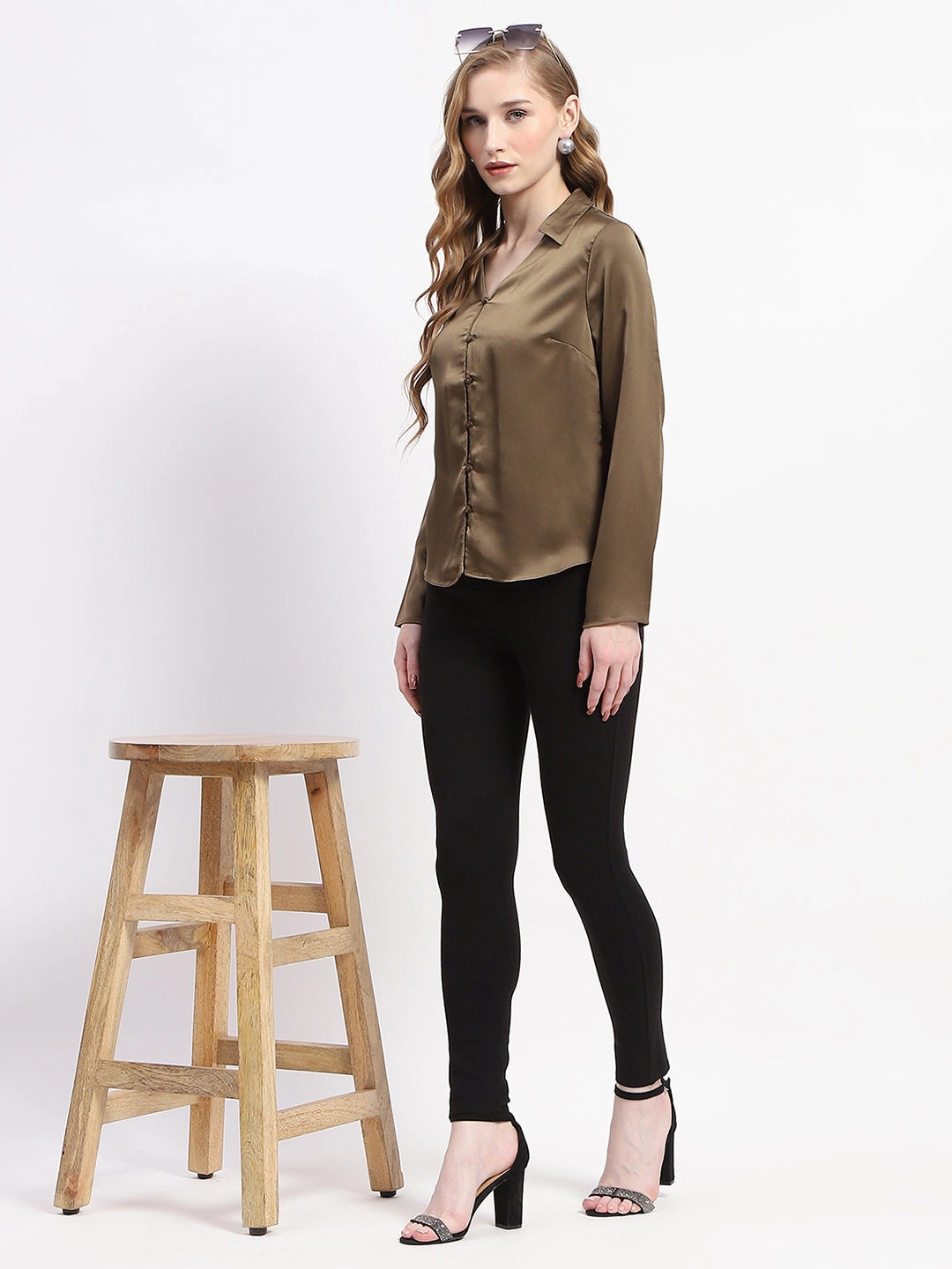 Madame Satin Bell Sleeve Collared Solid Olive Green Top Pure Cotton