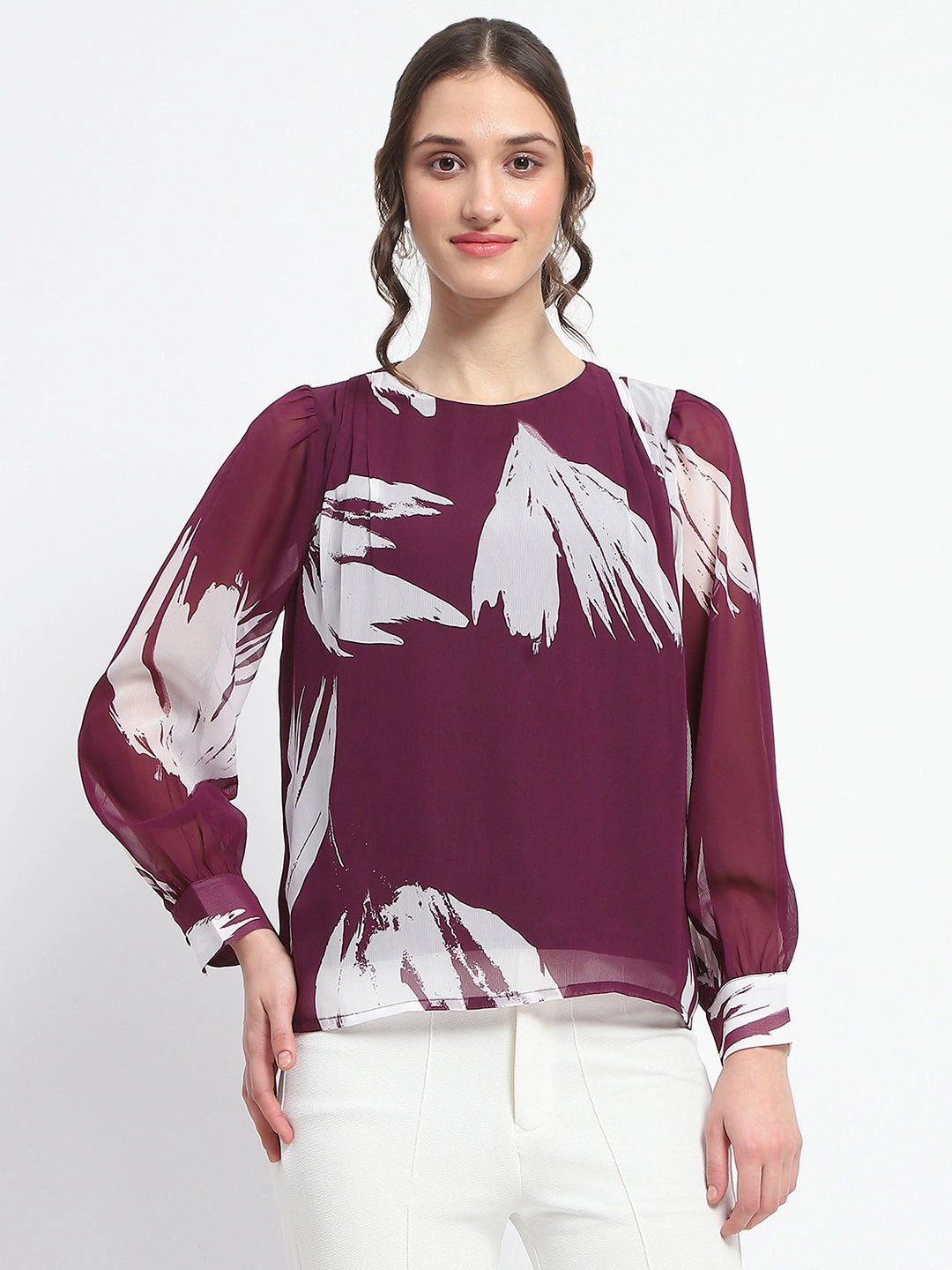 Madame Botanical Print Round Neck Plum Top Layered Panel Construction UltravioletProtectionFabric