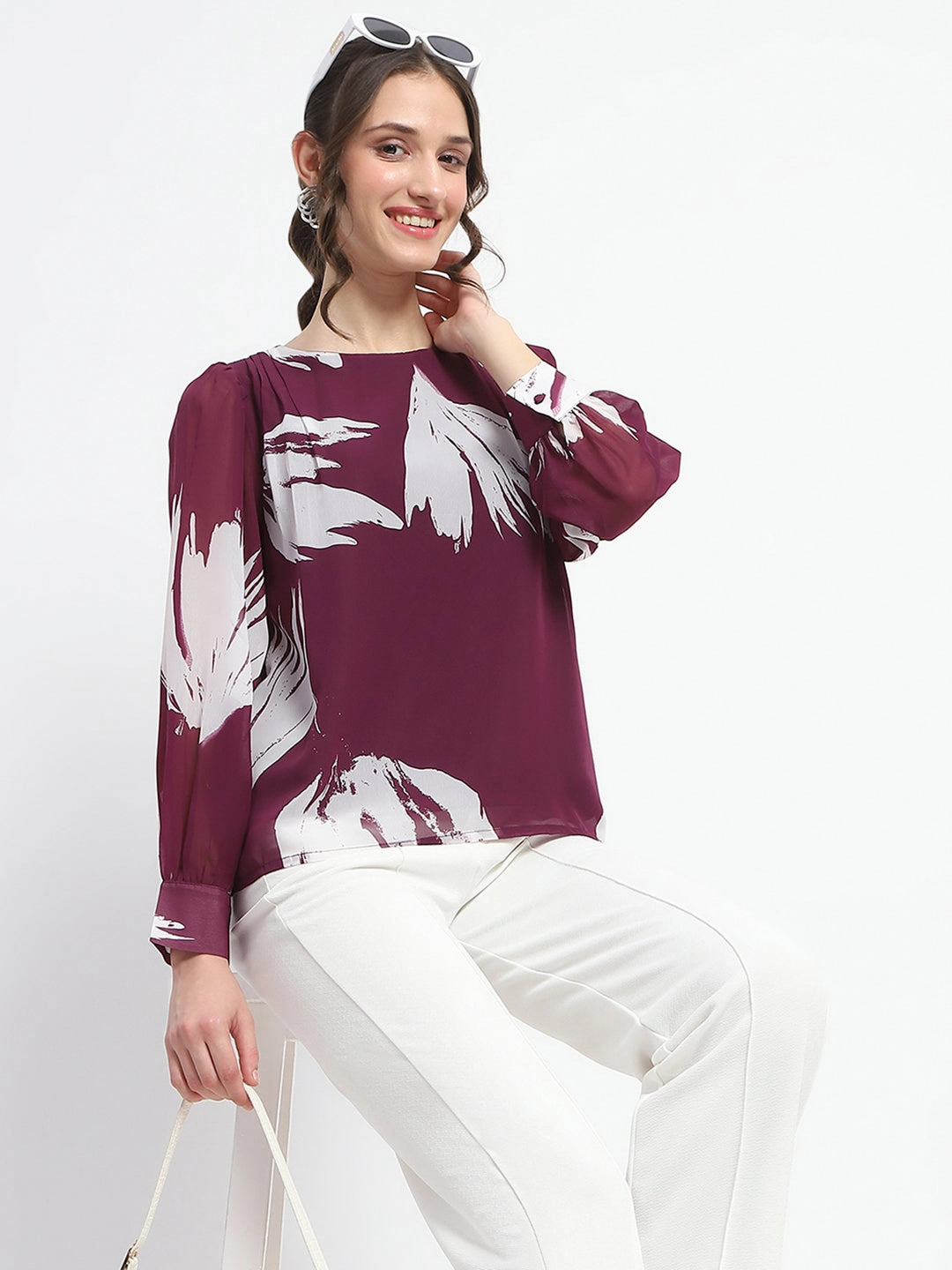 Stylish Hoodie Tubular Body Construction Madame Botanical Print Round Neck Plum Top