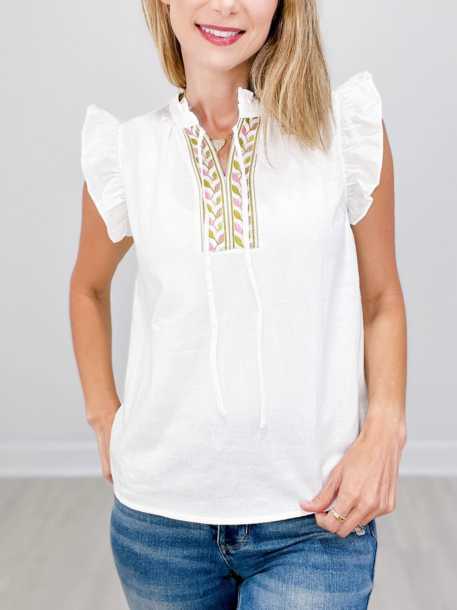 BoxyCrop Snag Proof Weave Embroidered Tape Detail Ruffled Tank with Front Tie