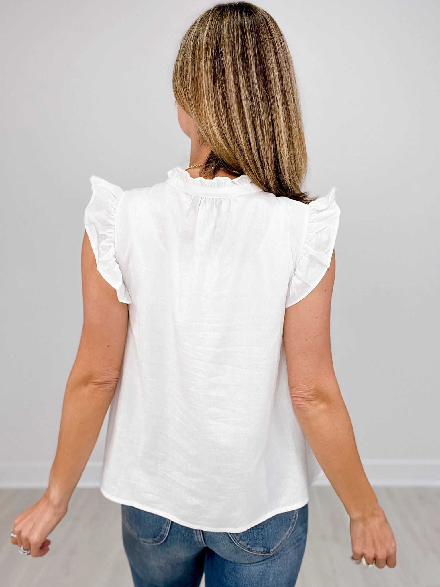 Embroidered Tape Detail Ruffled Tank with Front Tie Breathable Knit Fabric