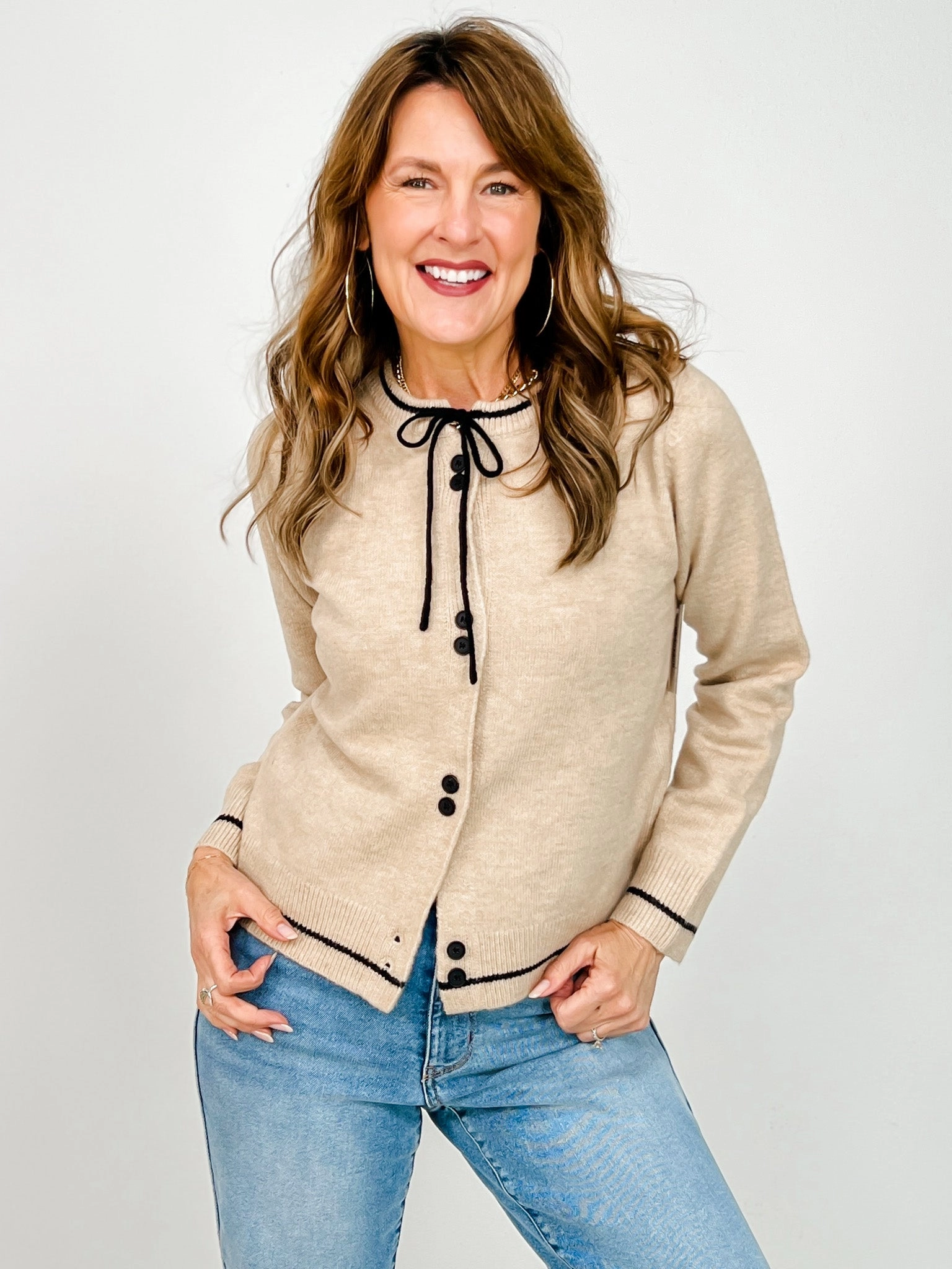 Flex Knit Ribbing Bow Accent Contrast Color Button Down Cardigan