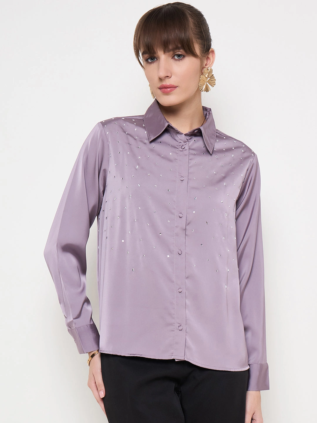 Madame Embellished Shirt Collar Solid Purple Shirt Everyday Comfort Everyday Wear