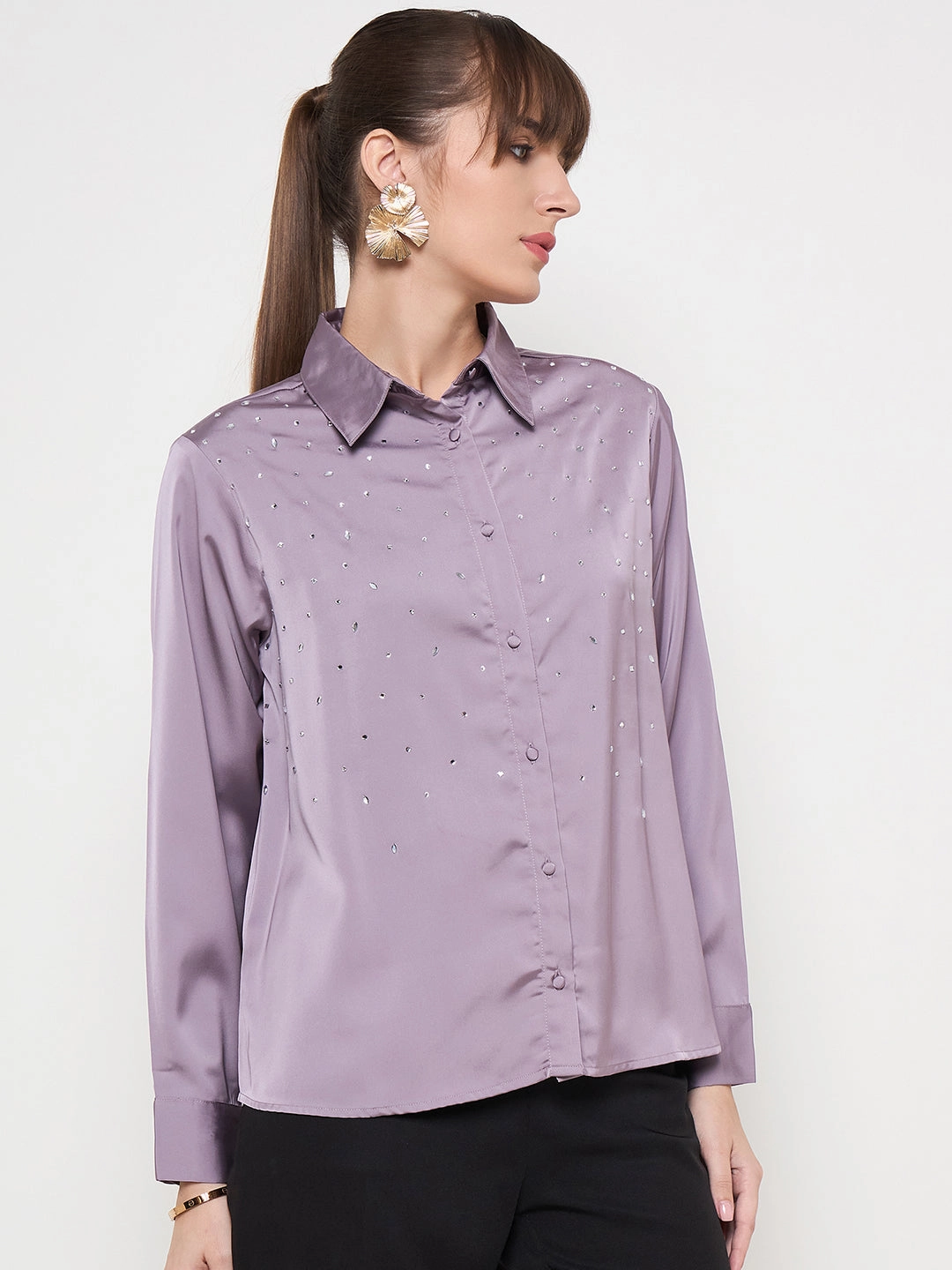 Madame Embellished Shirt Collar Solid Purple Shirt Reinforced Buttonholes checkered pattern