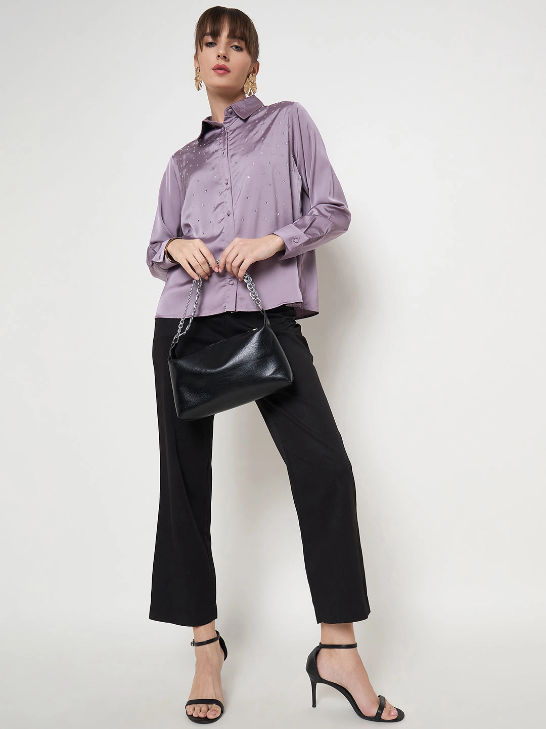 Madame Embellished Shirt Collar Solid Purple Shirt Long Sleeve