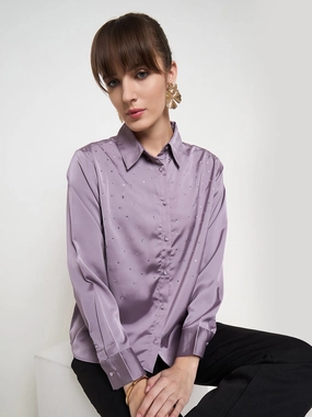 Stylish Comfort Sleek Fit Madame Embellished Shirt Collar Solid Purple Shirt