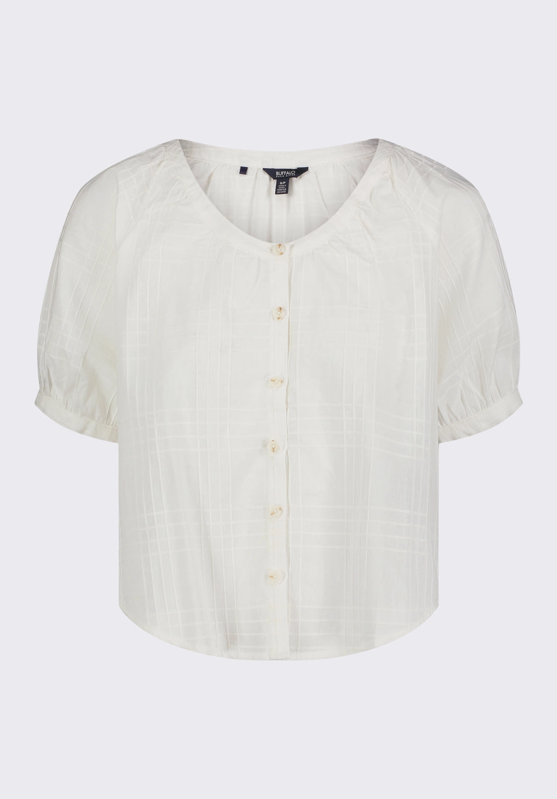 Plus Size Breathable Style Saarik Women's Textured Plaid Button-Down Blouse with Puff Sleeves and Relaxed Fit, White - WT0153P