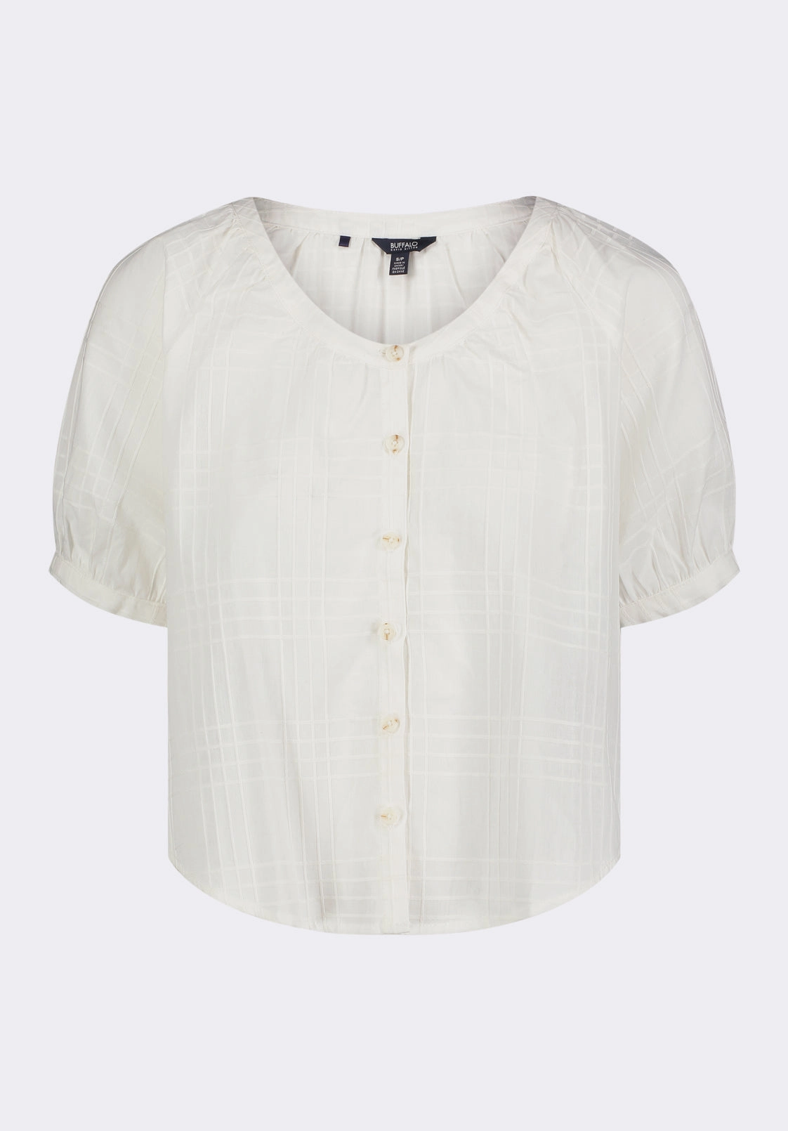Workwear Casual Saarik Women's Textured Plaid Button-Down Blouse with Puff Sleeves and Relaxed Fit, White - WT0153P