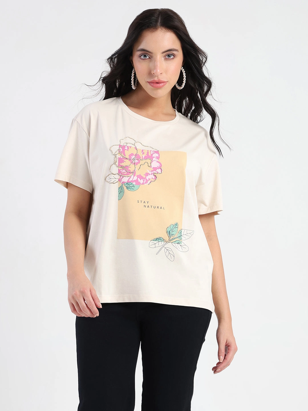 Madame Graphic Print Beige Cotton Blend T-shirt Drop Shoulder