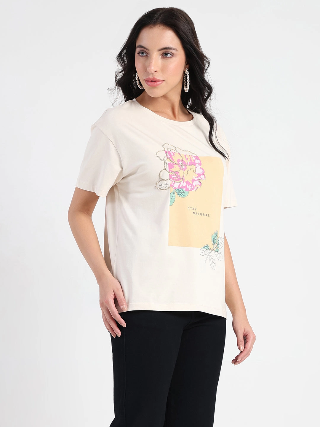 Non Irritating Seams DropShoulder Madame Graphic Print Beige Cotton Blend T-shirt