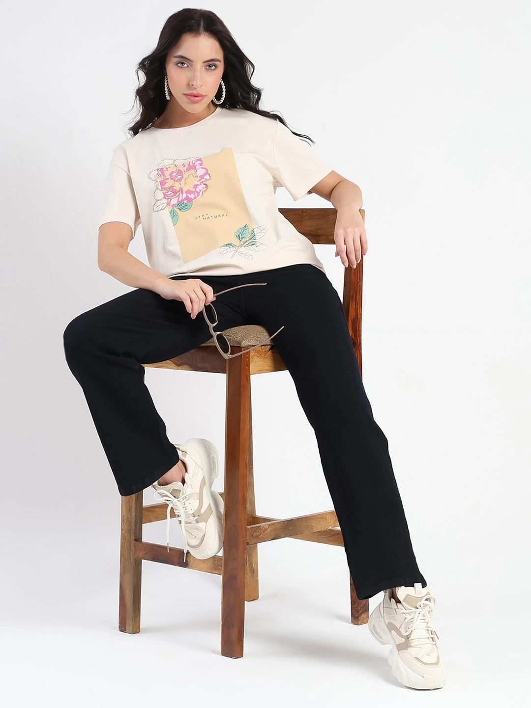 Madame Graphic Print Beige Cotton Blend T-shirt Layered Sleeve