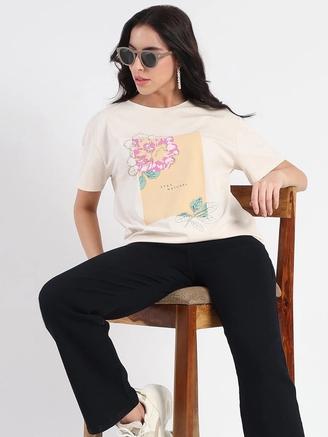 Madame Graphic Print Beige Cotton Blend T-shirt Minimalist Silhouette