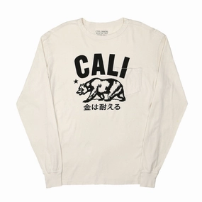 Low Profile Waistband Integration "Don't Mess with Cali" Long Sleeve Crew Neck Pocket Tee - White Sand