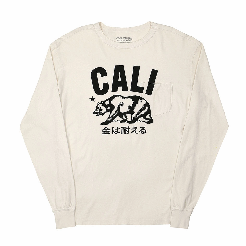 Low Profile Waistband Integration "Don't Mess with Cali" Long Sleeve Crew Neck Pocket Tee - White Sand