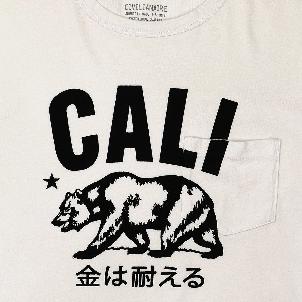 Stretchable Neckline Non Restrictive Armhole Cut "Don't Mess with Cali" Long Sleeve Crew Neck Pocket Tee - White Sand