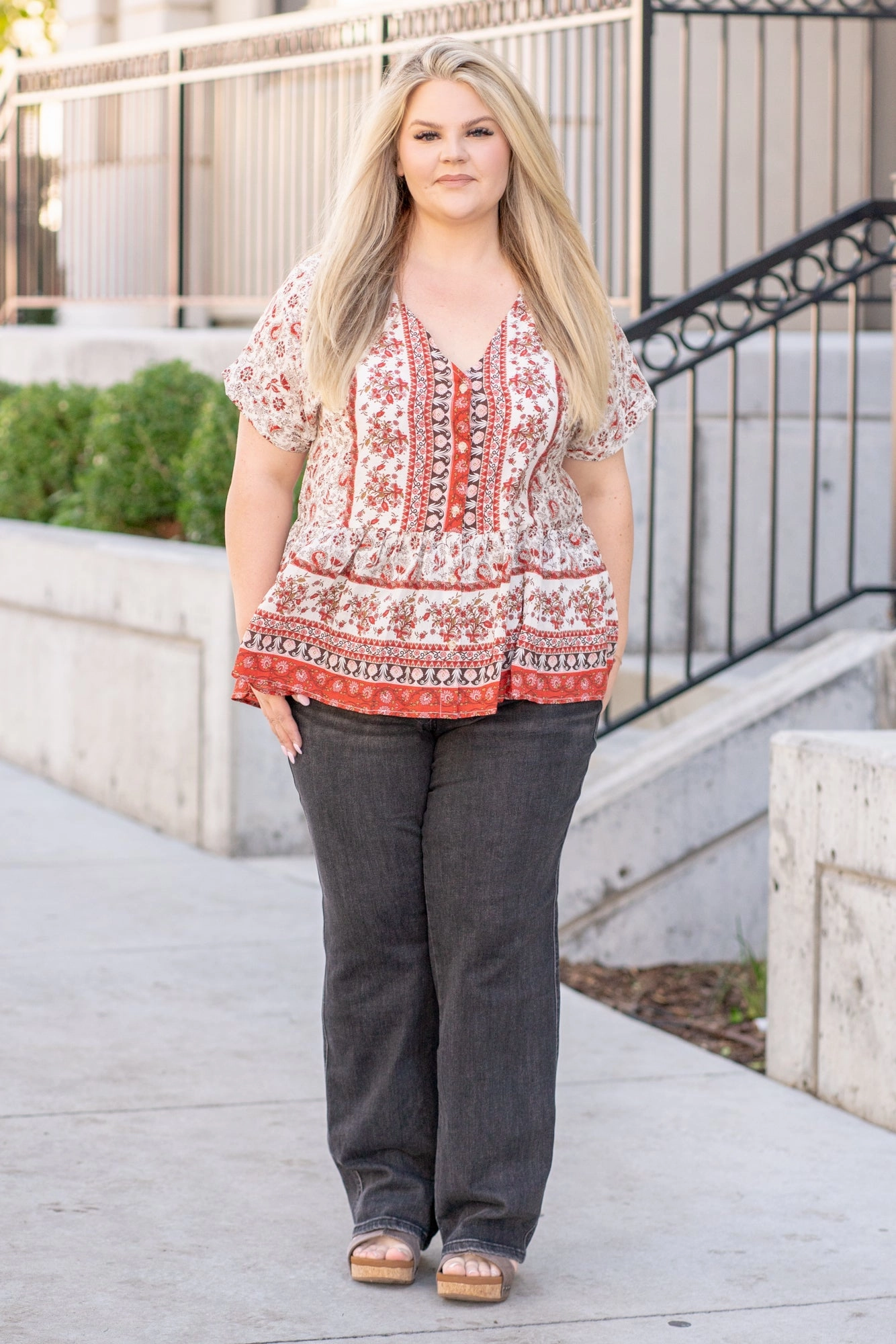 Plus Size Paisley Ruffle Hem Top Business casual