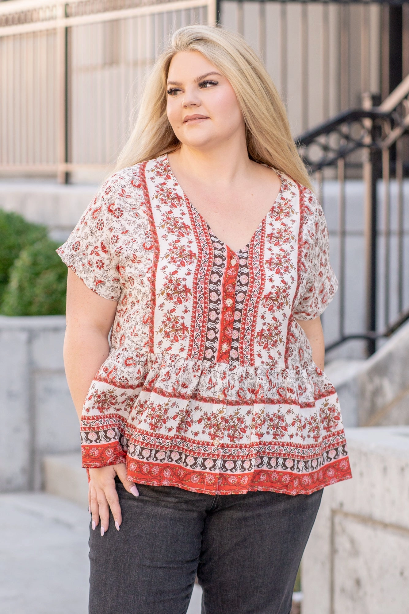 Plus Size Paisley Ruffle Hem Top Rooftop Bar Easy Styling