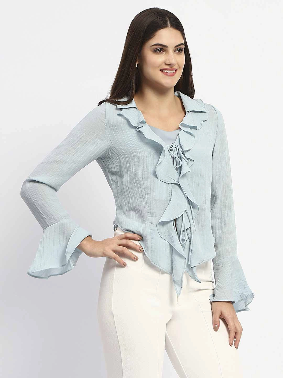 AntiPill Texture Madame Solid Sky Blue Ruffle Neck Bell Sleeve Top