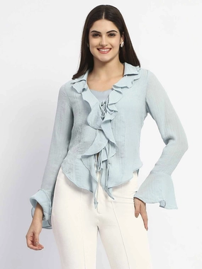 Madame Solid Sky Blue Ruffle Neck Bell Sleeve Top EcoFriendly Dye Process MultiPanelConstruction