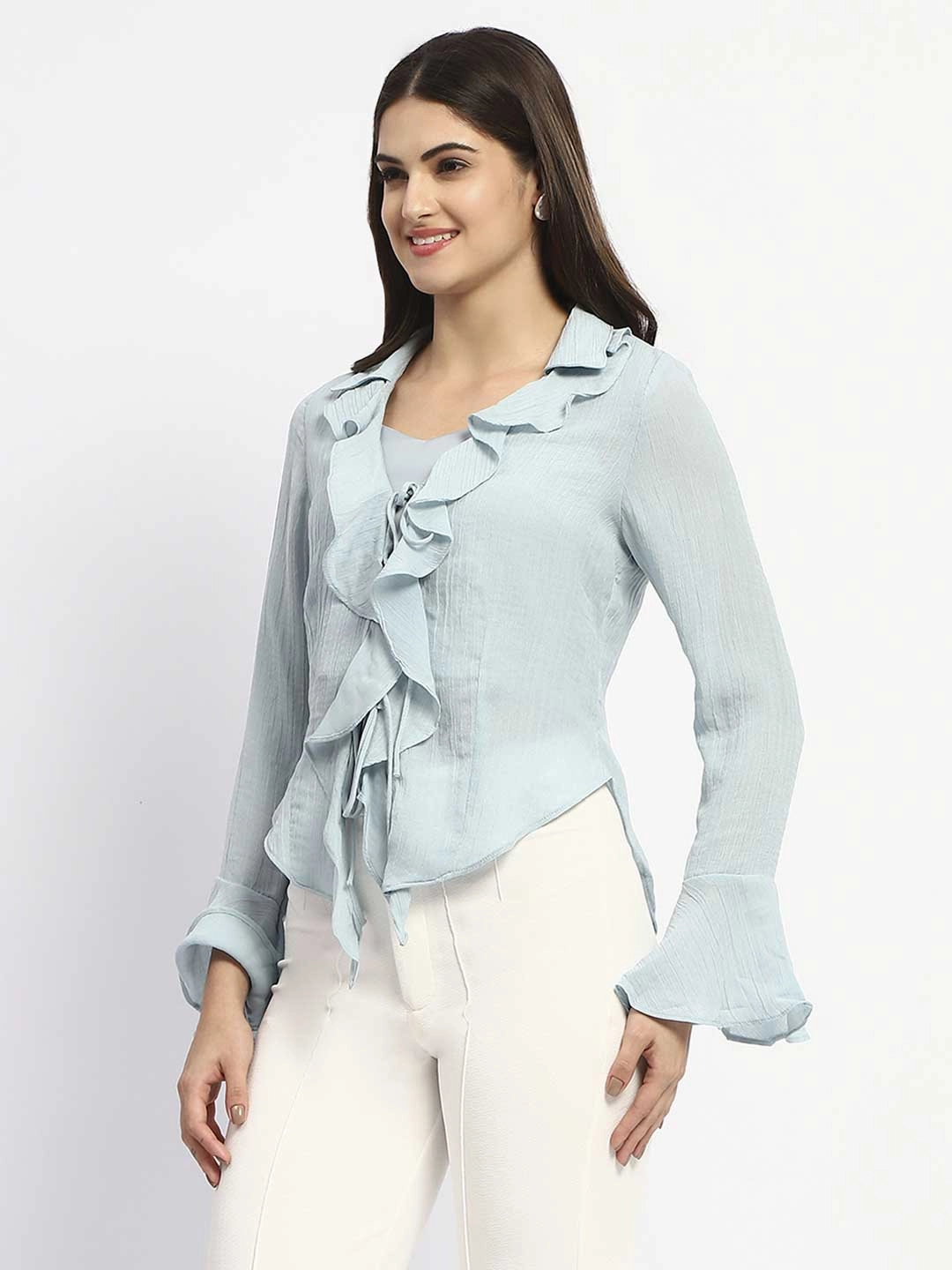 FourWay Stretch Fabric Madame Solid Sky Blue Ruffle Neck Bell Sleeve Top