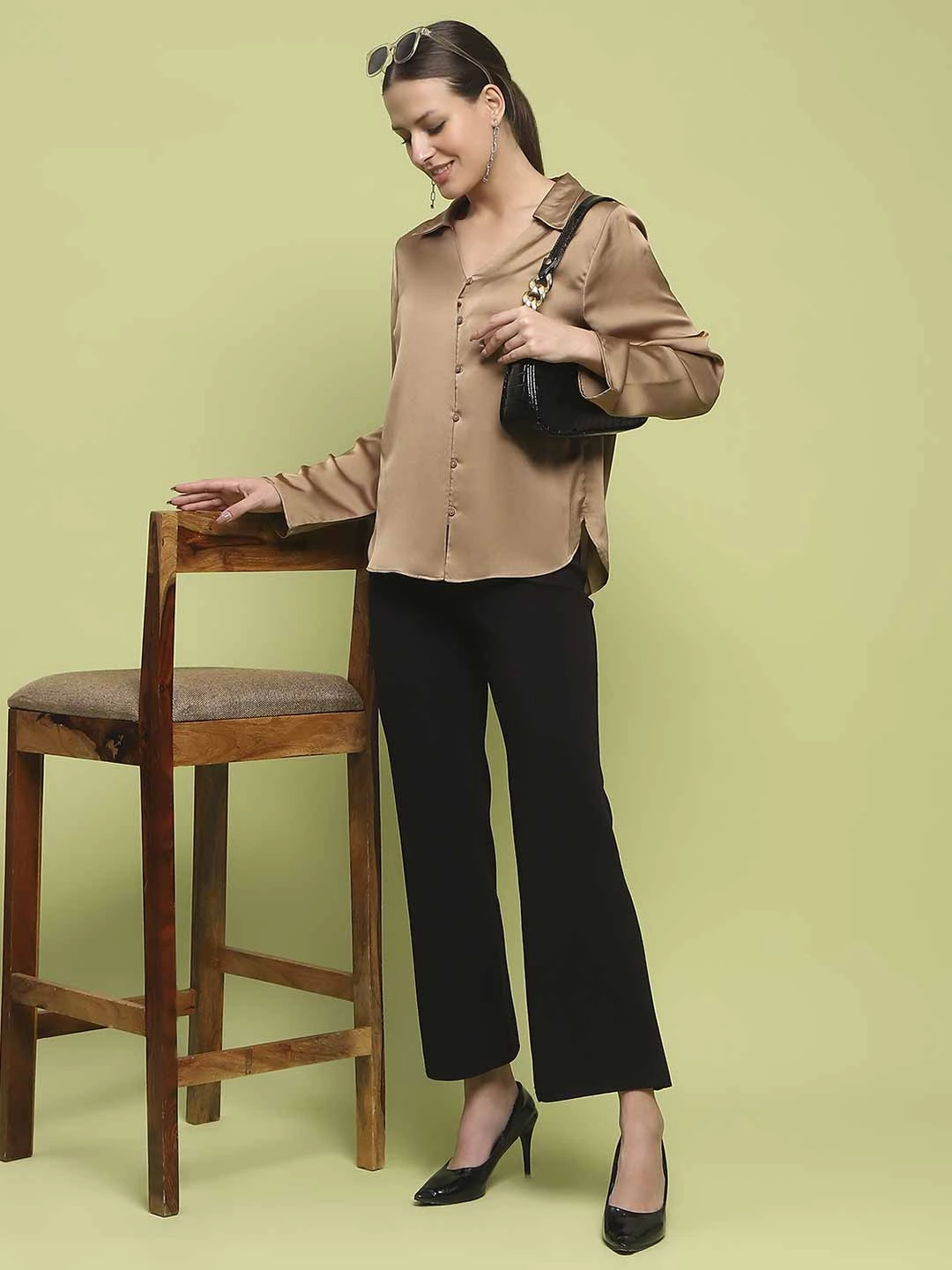 Madame Satin Bell Sleeve Collared Solid Golden Yellow Top LayeredStyling BambooBlend