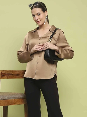 Madame Satin Bell Sleeve Collared Solid Golden Yellow Top Classic Tank