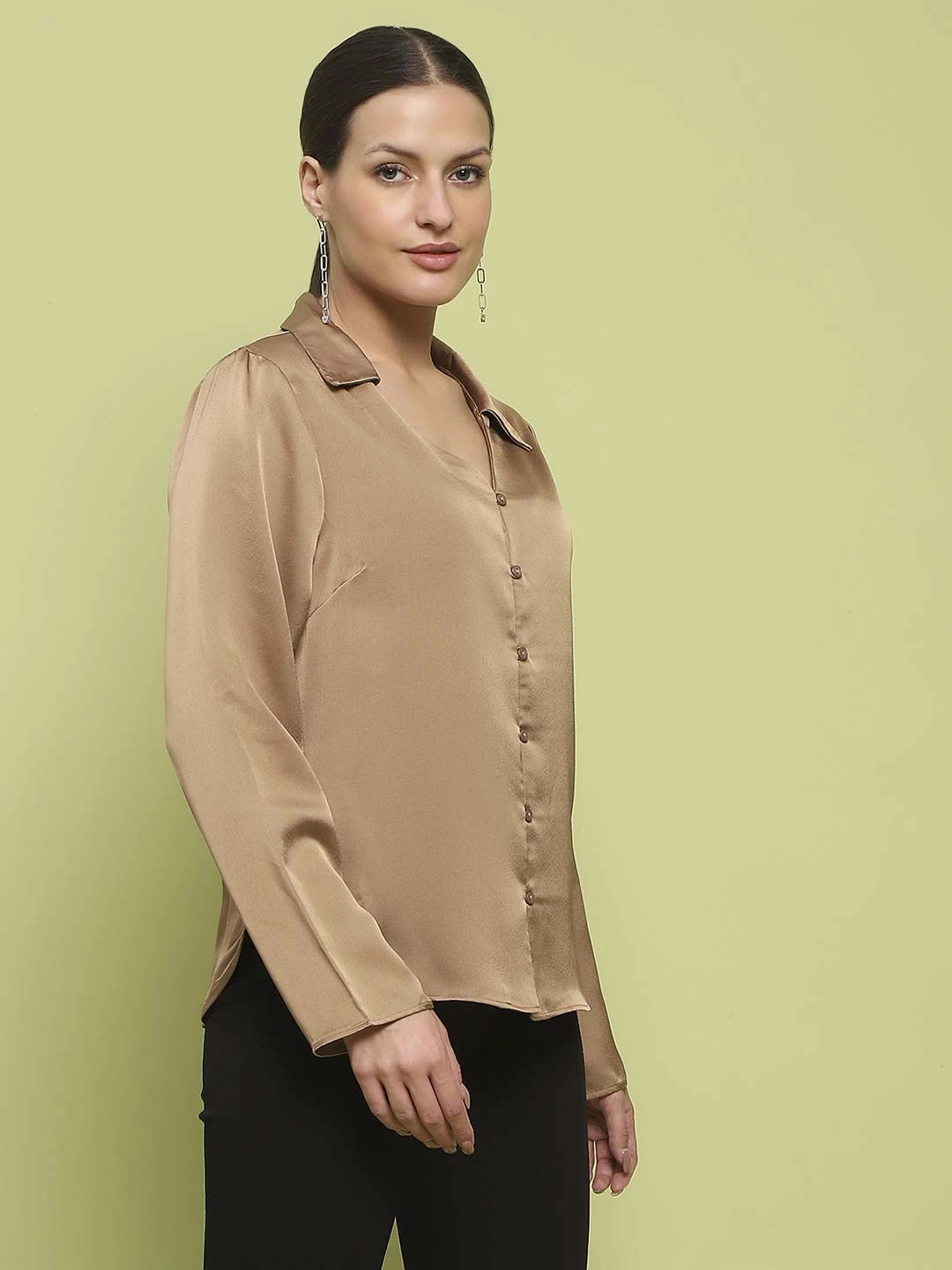 ZipClosure Durable Reinforced Hem Madame Satin Bell Sleeve Collared Solid Golden Yellow Top