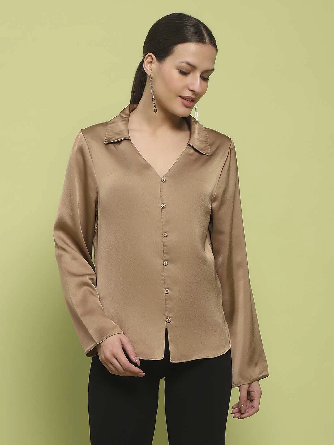 Madame Satin Bell Sleeve Collared Solid Golden Yellow Top Reverseble Design