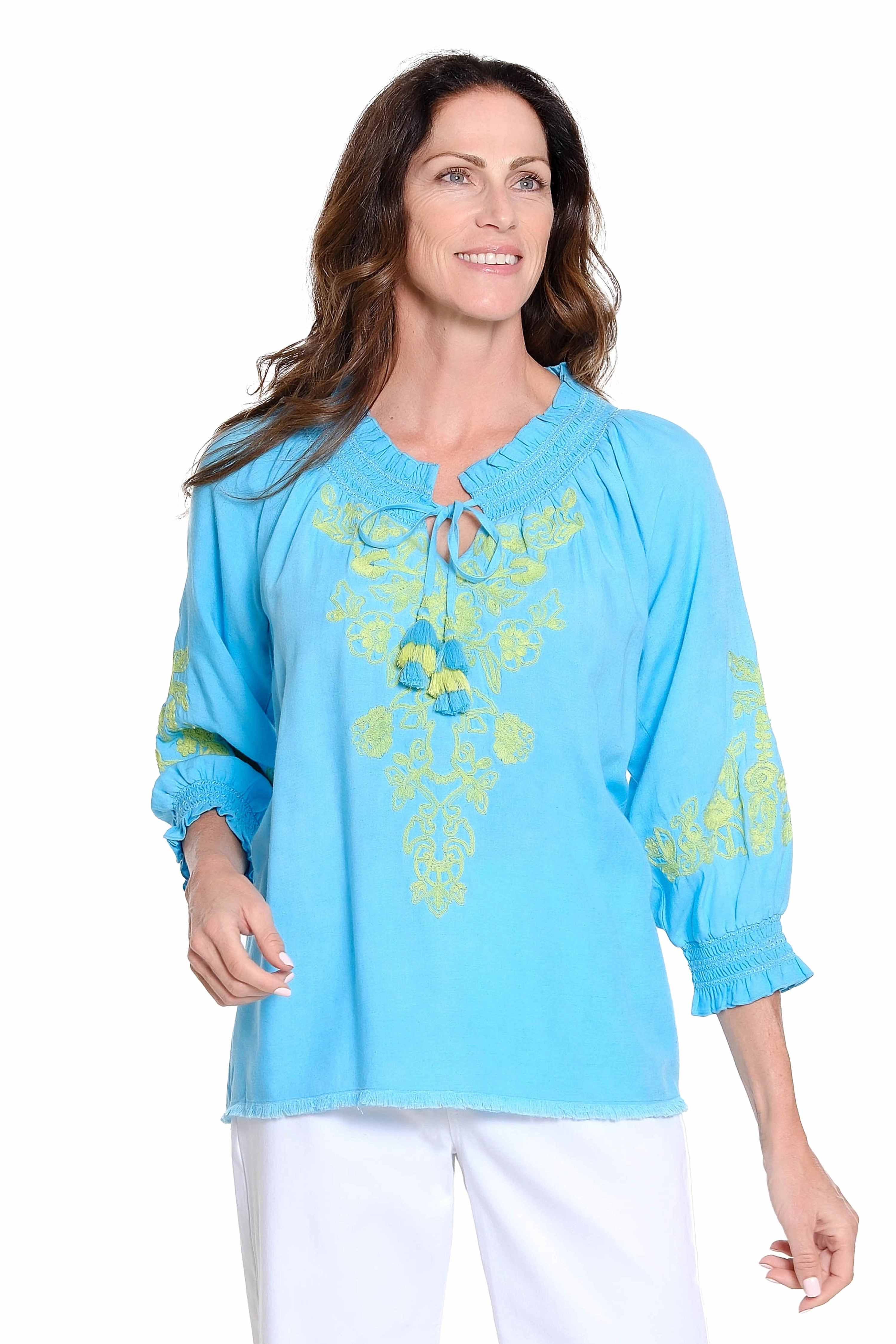 Soft Touch Fabric EasyCareMaterial Peasant Top with Embroidery ?C Turquoise