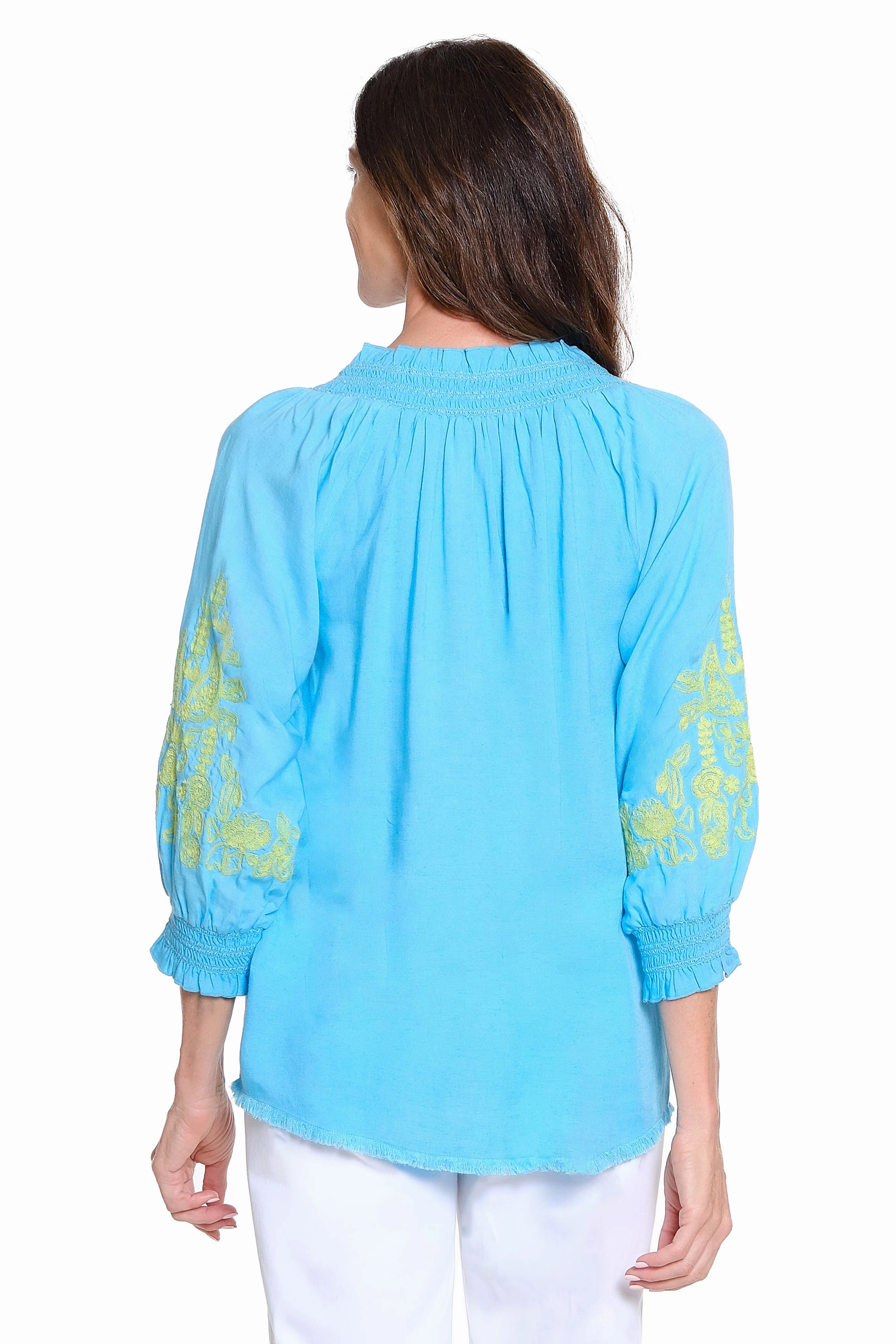 TemperatureRegulating Fabric Low Profile Collar Peasant Top with Embroidery ?C Turquoise