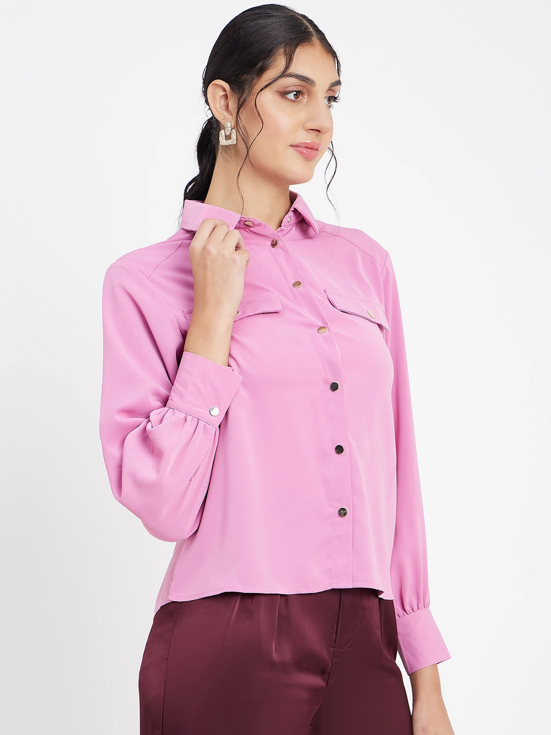 Madame Polo Neck Solid Pink Shirt Workwear Casual