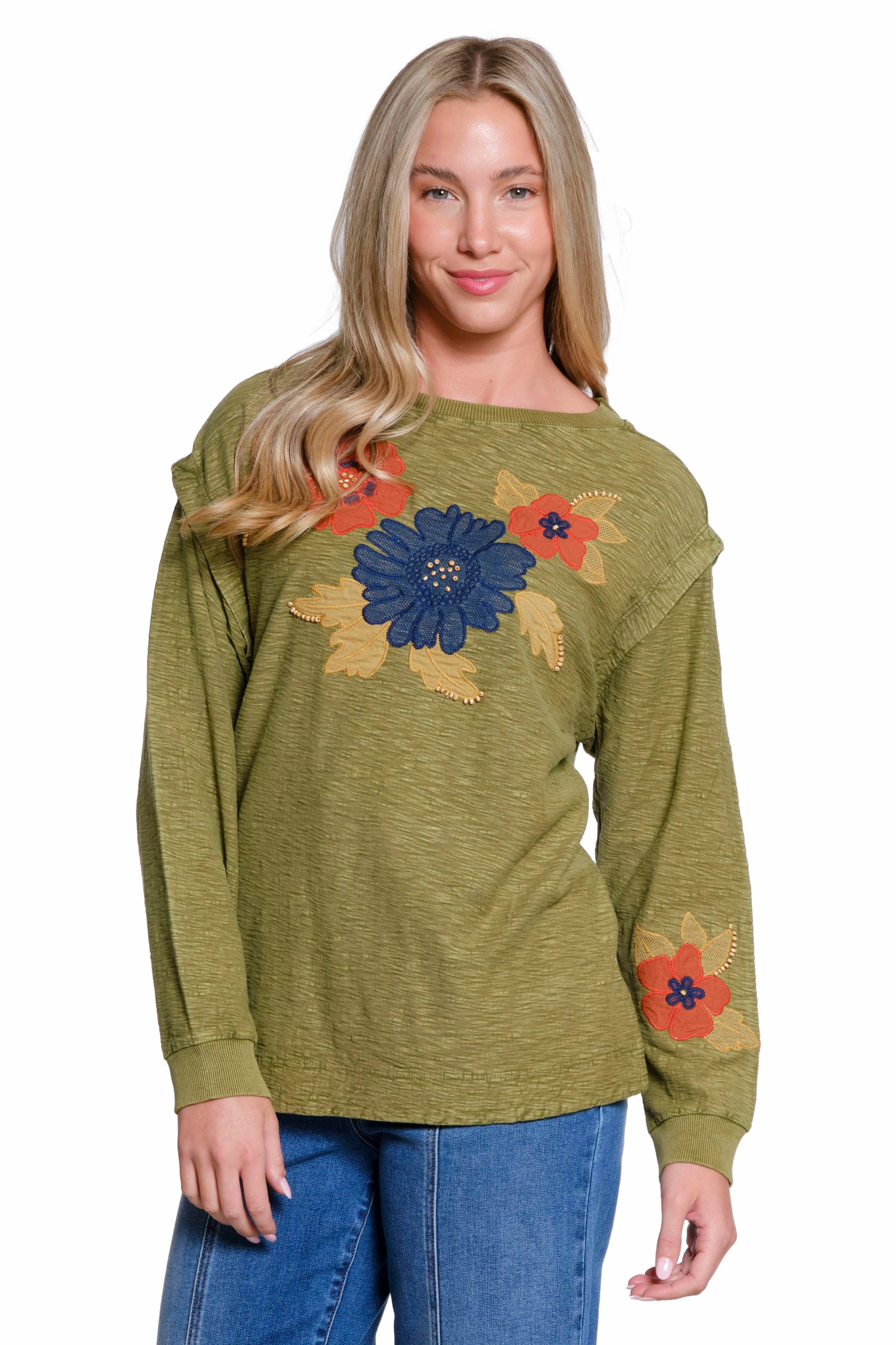 FrictionReducing Floral Appliqu?? Slub Knit Top - Olive