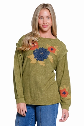 FrictionReducing Floral Appliqu?? Slub Knit Top - Olive