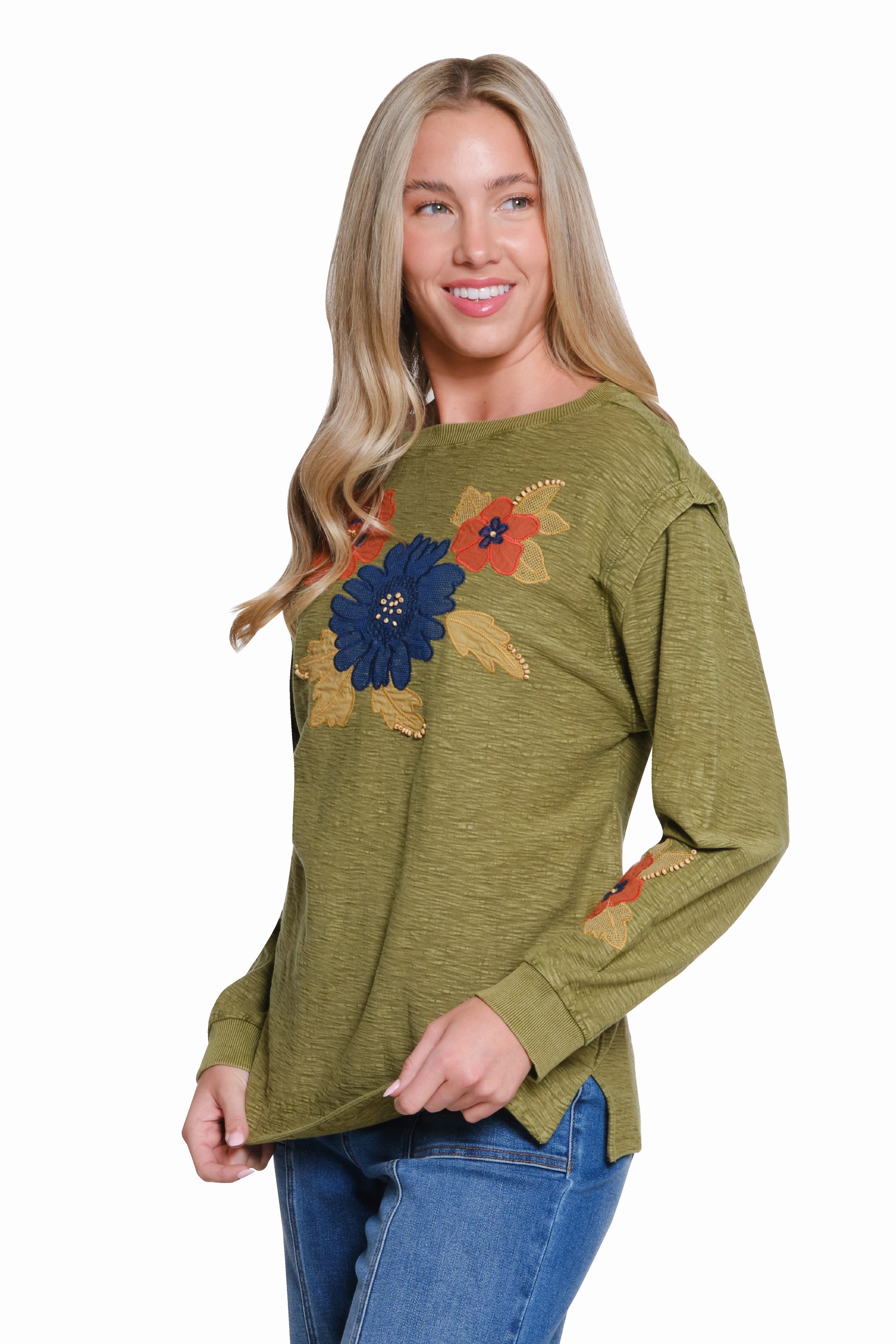 Floral Appliqu?? Slub Knit Top - Olive Compression Fit