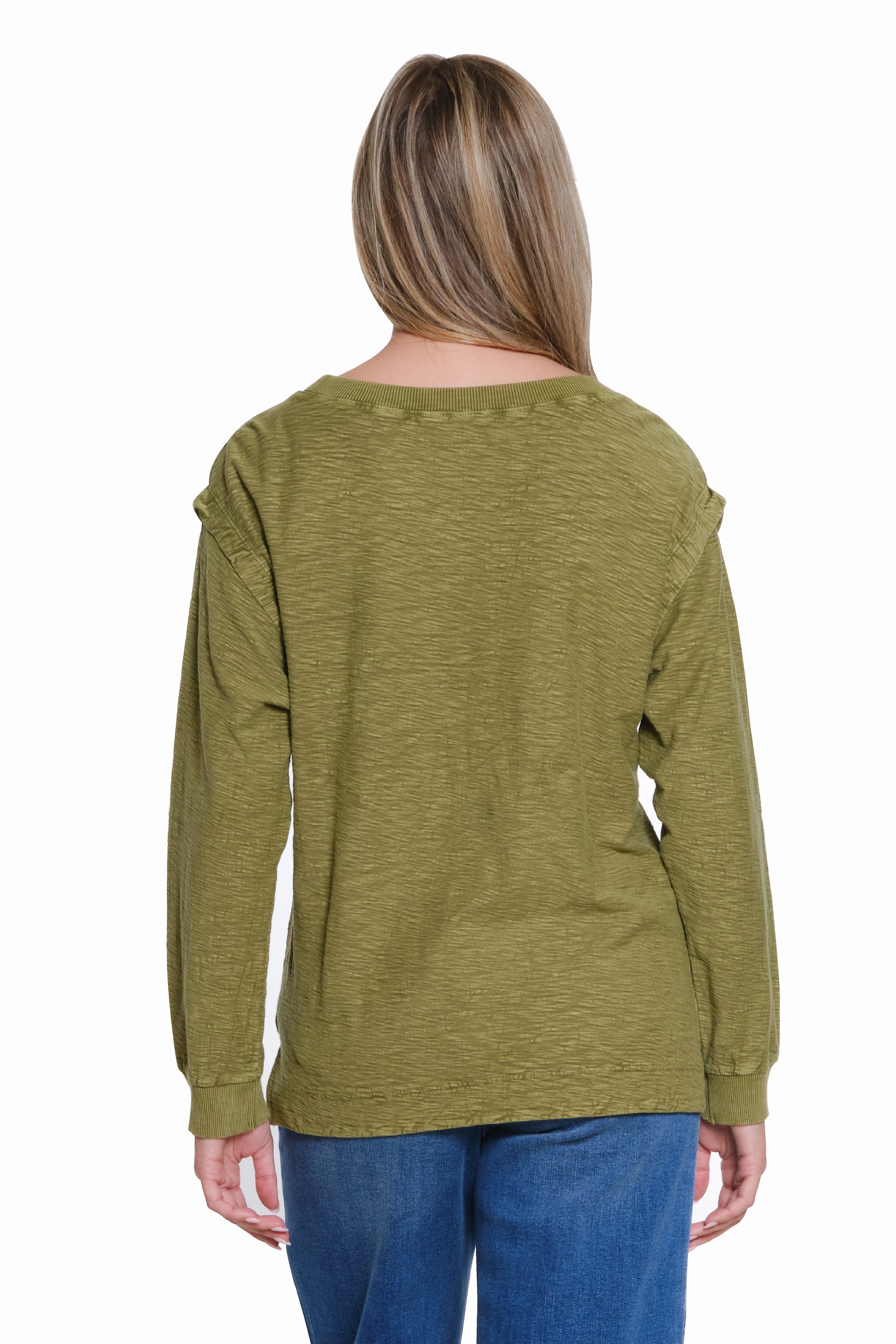 Floral Appliqu?? Slub Knit Top - Olive LayeredCollar
