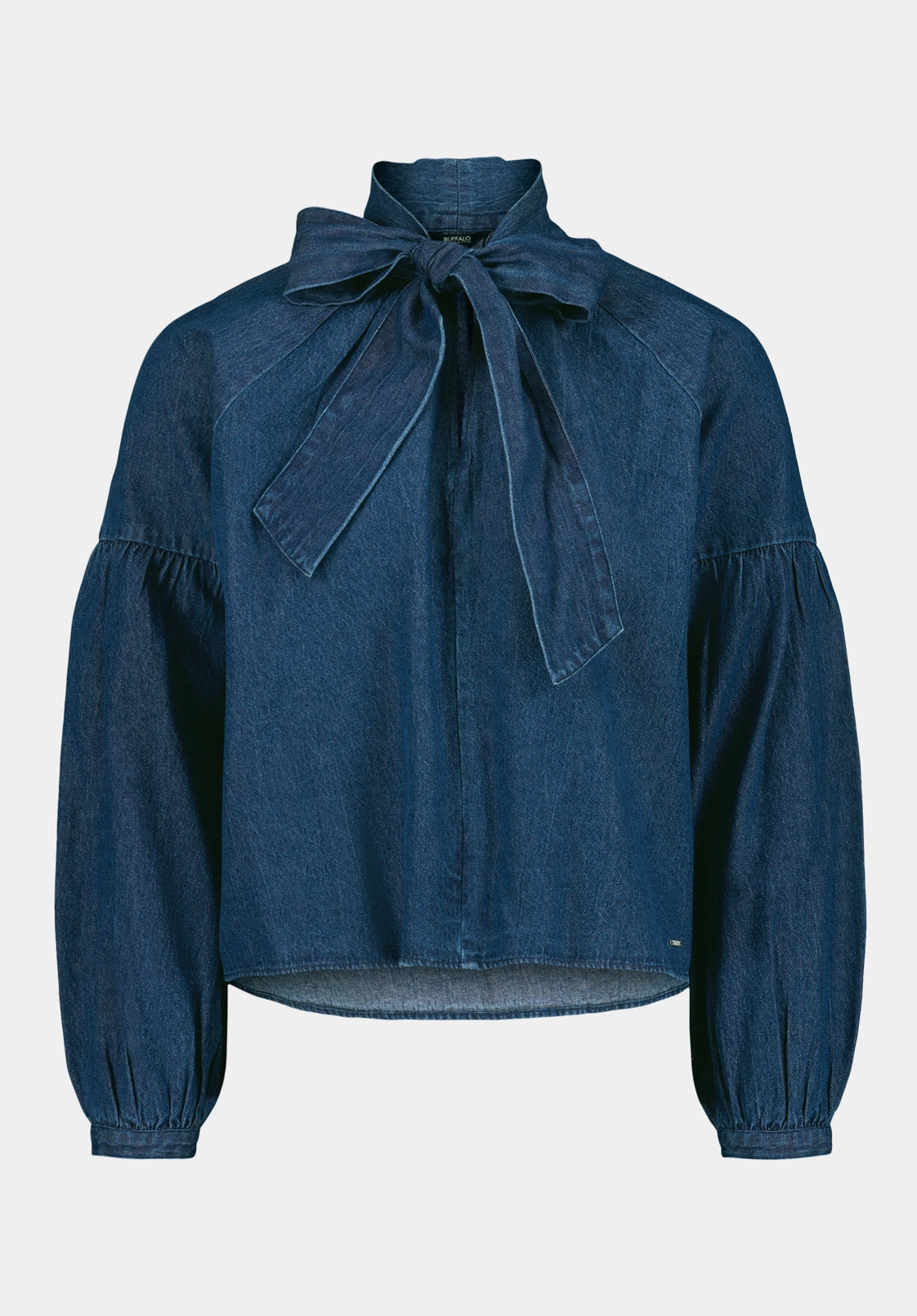 Corporate Retreat Carissa Women's Denim Blouse with Bow Neck and Voluminous Sleeves, Dark Denim - WT0208