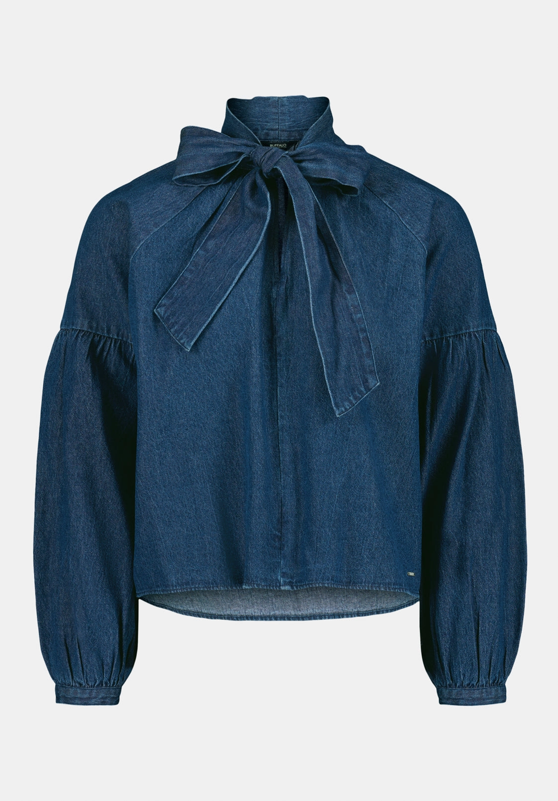 Minimalist Aesthetic Carissa Women's Denim Blouse with Bow Neck and Voluminous Sleeves, Dark Denim - WT0208