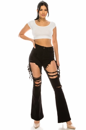 2059 Women's High Waisted Distressed Flared Jeans with Cut Outs Bold Earthy