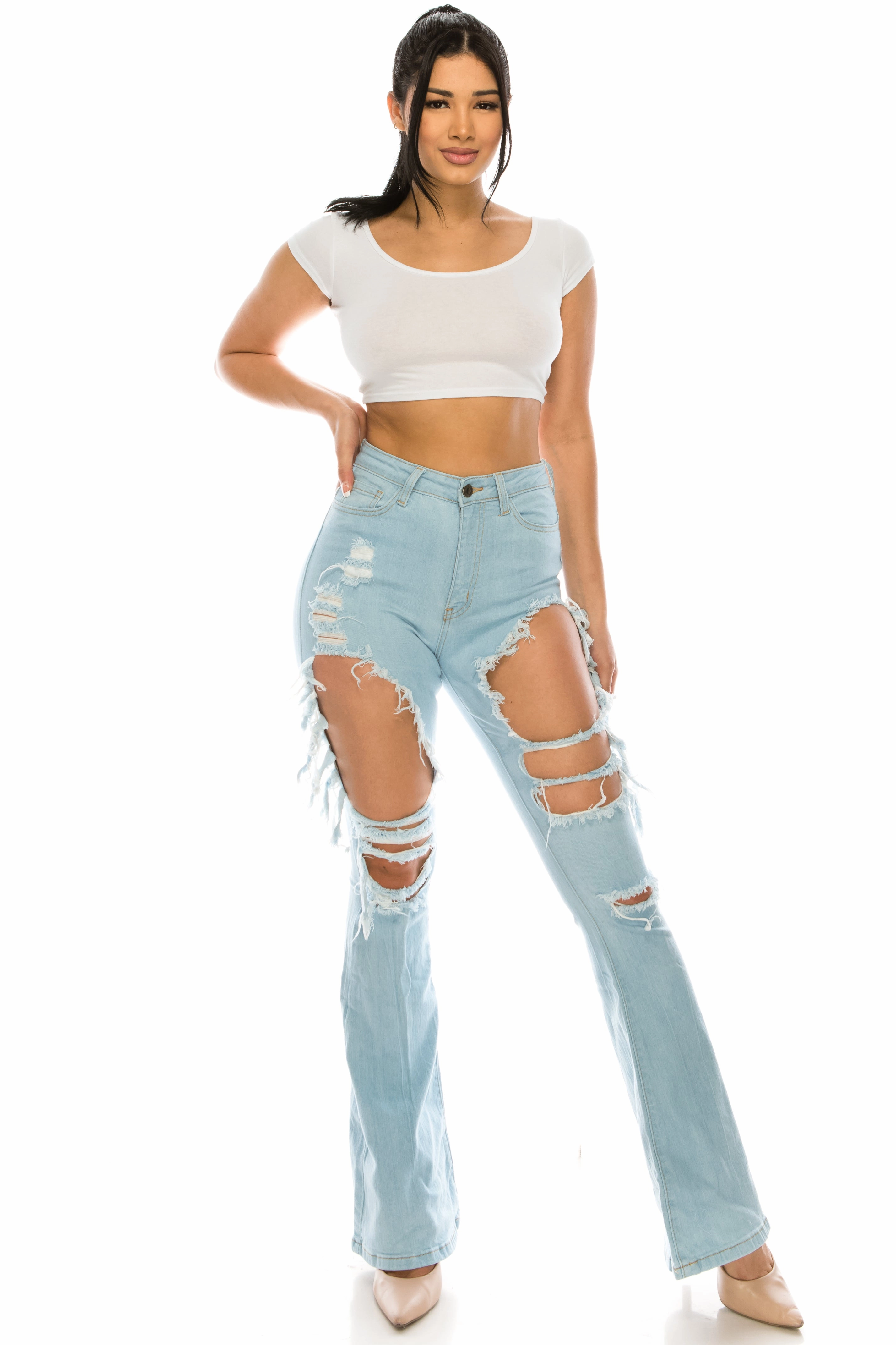 2059 Women's High Waisted Distressed Flared Jeans with Cut Outs Stylish Look