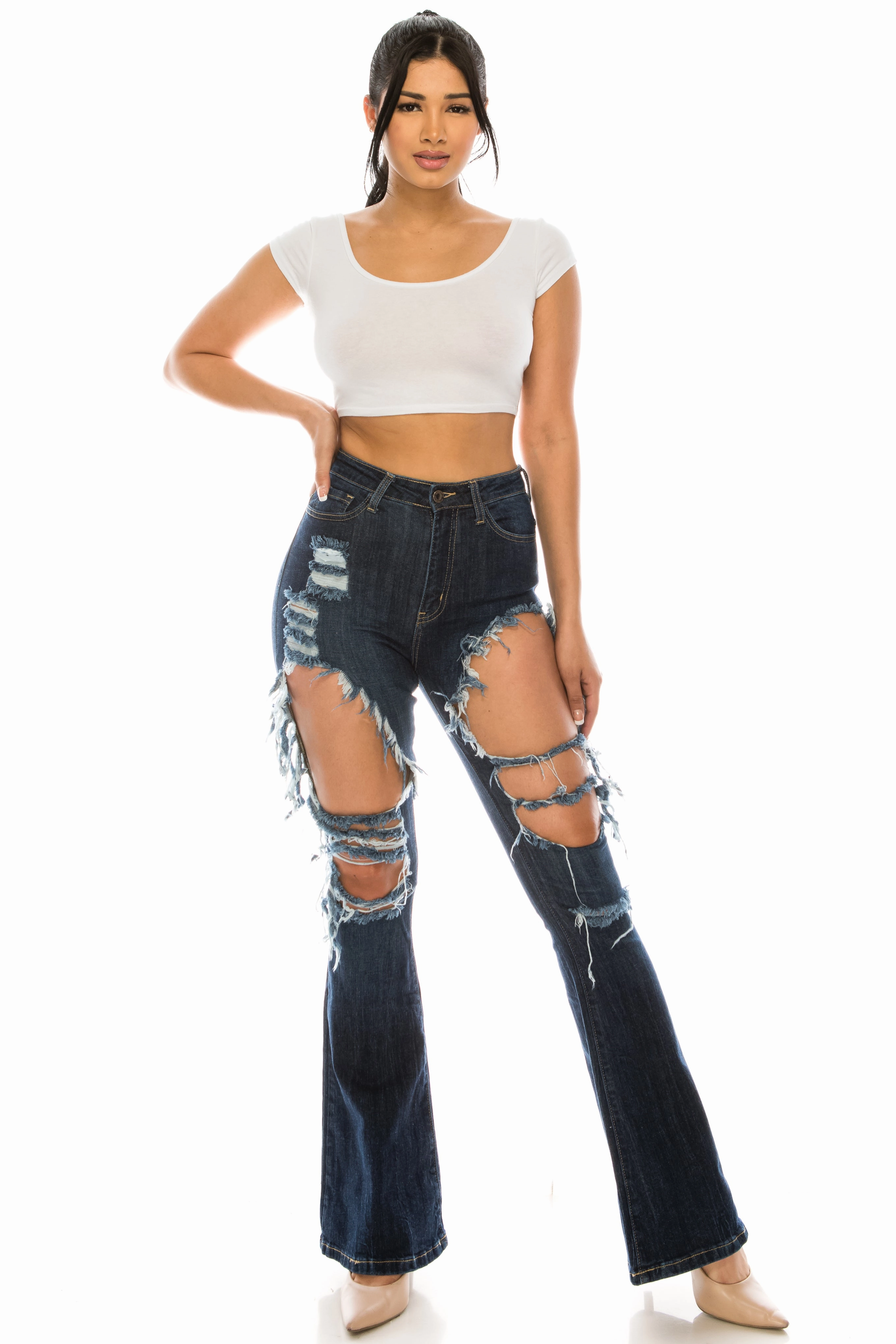 Style Statement 2059 Women's High Waisted Distressed Flared Jeans with Cut Outs